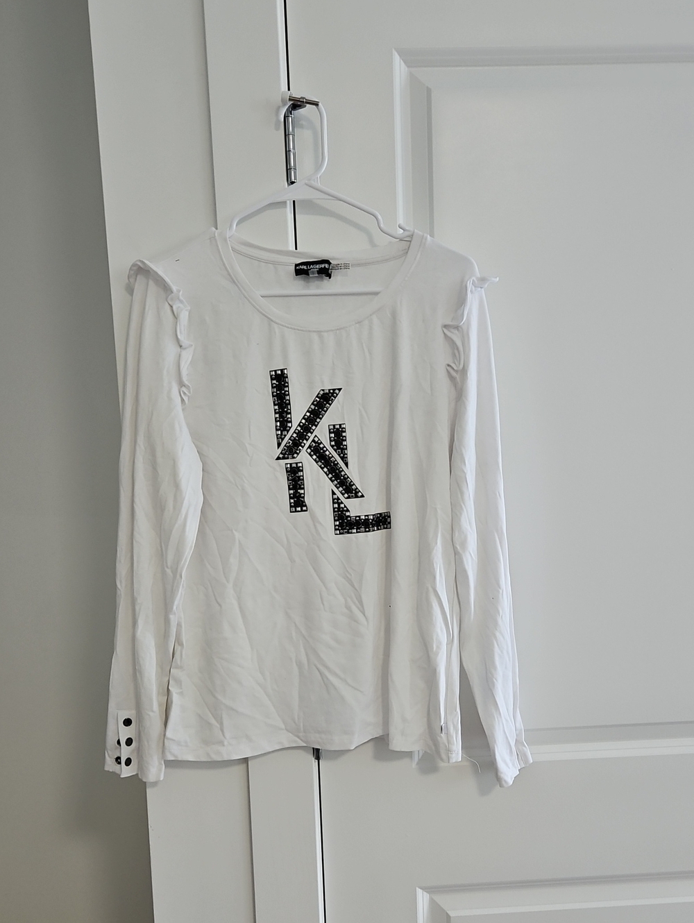 Karl Lagerfeld White Long Sleeve Top with Black Studded KL Logo